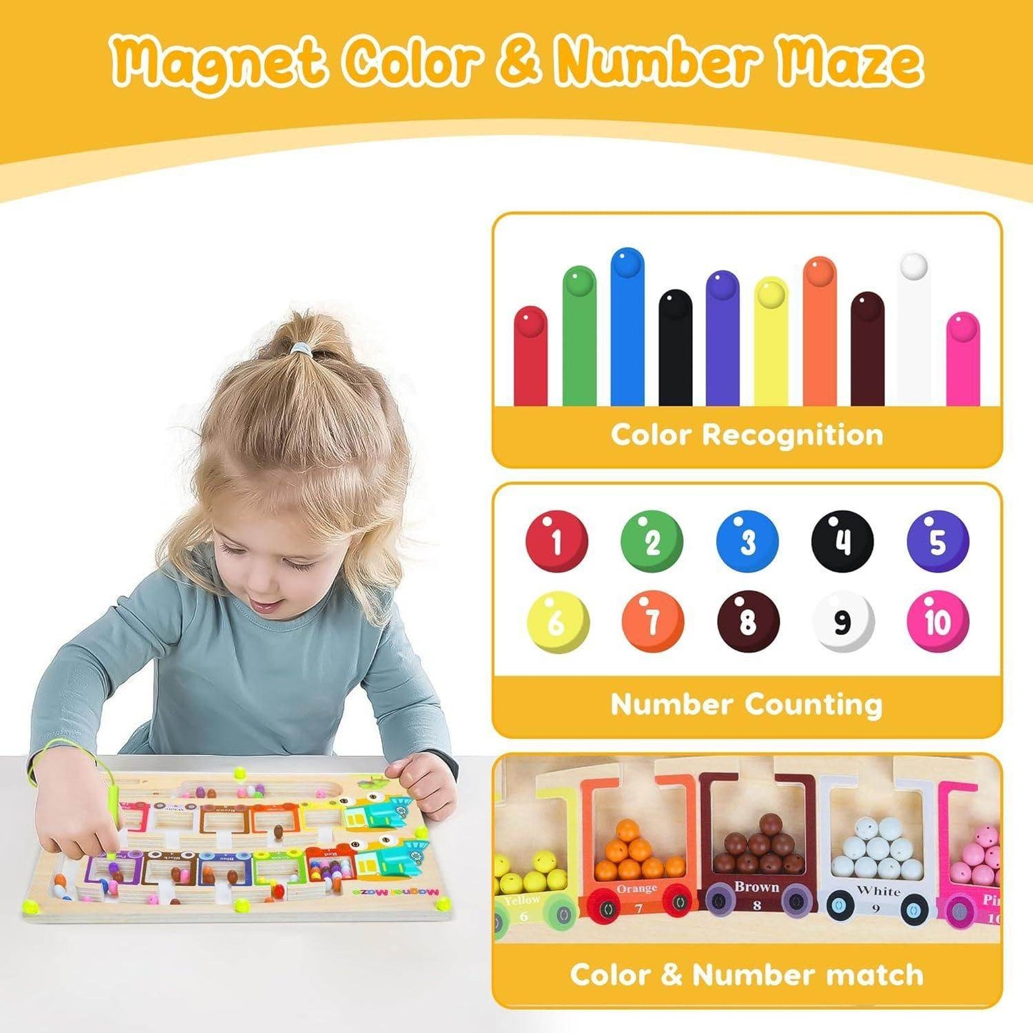 Magnetic Color & Number Maze Montessori Wooden Puzzle Game Board - Liveonease